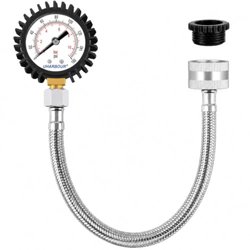 Uharbour Manomètre Eau 0-11 Bar avec Double Échelle 160 Psi – Raccord 3/4 BSP et 1/2 BSP, Montage par Bouton – Indicateur de Pression d’Eau avec Protection en Caoutchouc – Filetage Laiton Durable