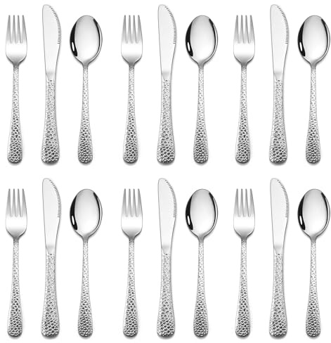 Joyfair 18 Pcs Small Stainless Steel Kids Cutlery Set, Hammered Design | Toddler Silverware Flatware/Child Eating Utensils Include 6 Forks, 6 Spoons, 6 Safe Knives, Non-slip Design & Dishwasher Safe