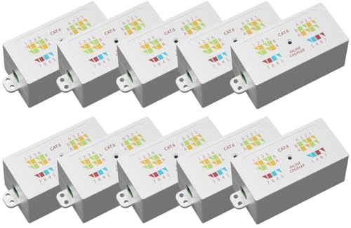 rhinocables RJ45 Cat 6 Ethernet Joiner | Inline Krone Punchdown Coupler with Colour-Coded IDC Blocks | Gigabit Termination Box for Clean Internal Cable Extensions & LAN Repair Work, White (Pack of 10)