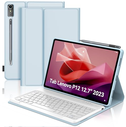 SENGBIRCH Funda con Teclado para Lenovo Tab P12 12.7, Teclado Español Ñ Bluetooth Inalámbrico Desmontable para Lenovo P12 Tablet 2023 12.7 TB370FU, Azul Claro
