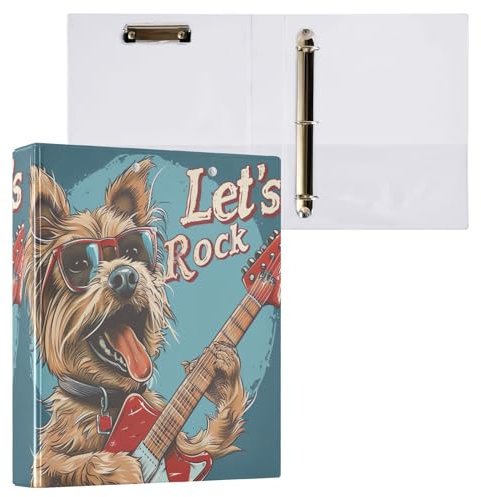 Lustiger Cartoon-Hund mit Gitarre, 3,8 cm Ordner, 3 Ringe, langlebige Basisordner mit 3 Innentaschen, drei Ringbücher, dekorativ für Arbeit, Schule, Büro, 1 Packung