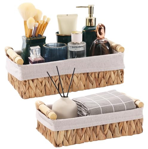 Panier de Rangement Tissé, Panier Tressés avec Poignée en Bois, Paniers Decor avec Doublure, Panier Table a Langer Bebe, Corbeille Rangement Organisateur Salon et Chambre, Jacinthe d’Eau