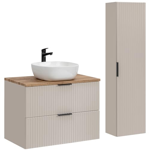 Lomadox Badezimmer Badmöbel Set mit 80cm Waschtisch, 2-teilig, in Kaschmir und Eiche, mit Keramik-Waschbecken