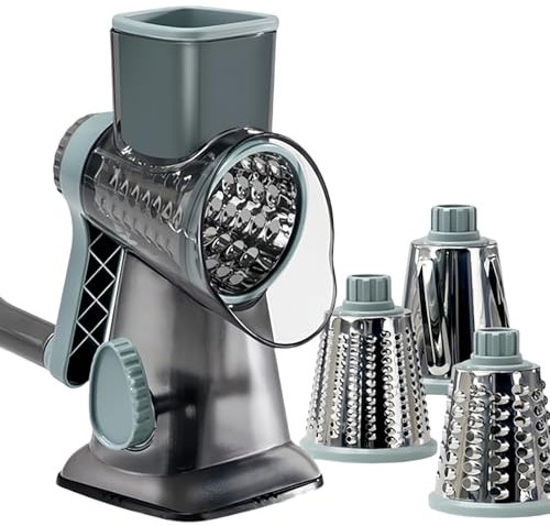 LacusMare Rallador giratorio de queso con 3 cuchillas para rebanar, rallar grueso y triturar fino, ralladores para cocina con base de succión estable, cortador de verduras para pepino, zanahoria,