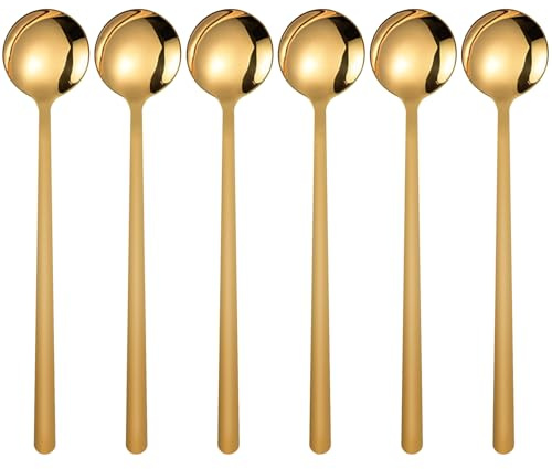 6 Pack Coffee Spoons, Stainless Steel Dessert Spoons, Small Tea Spoon, Long Handle Spoon for Ice Cream, Latte, Hot Chocolate, and Cake (Gold, 6 inch)