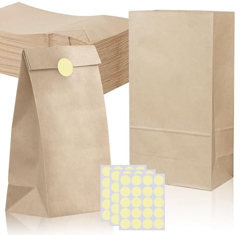 Qiareoiu 40 Stück 15x27x9cm Papiertüten braun mit 60 Stücken Aufkleber, DIY Papiertüten klein, Geschenktüten papier