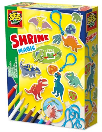 SES Creative 14294 Shrink Film - Dino Keychains - Creative Craft Kit for Kids Aged 5+ - Color and Personalize Dinosaur Designs on Shrink Film, Then Shrink Them in the Oven for Magical Keychains