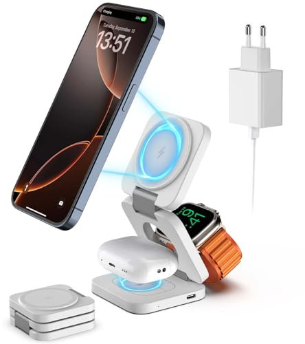 KU XIU Caricatore Wireless Pieghevole per iPhone 16/15/14 Series, Stazione di Ricarica Magnetica 3 in 1, Caricabatterie Base Wireless Charger per Apple Watch Ultra2/10/9/8/7/6, per AirPods 4/3/2/Pro