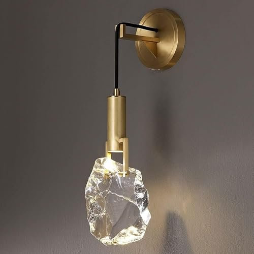 Applique murale LED en cristal naturel, applique murale en cuivre, intensité variable, 3 couleurs, for chambre à coucher, chevet, luminaire mural semi-encastré for intérieur, Lampe suspendue