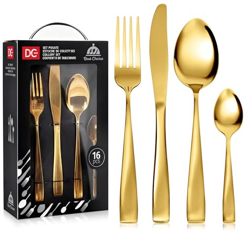 Dc Casa Servizio Posate 16 Pezzi in Acciaio Inox – Set Completo per 4 Persone, Design Raffinato e Moderno (Oro Lucido)