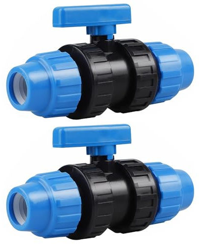 SKIKHN 2 Stück Kugelhahn für PE-Rohr, Kugelhahn für PERohr, 25mm PE Rohr Kugelhahn, PP-Fitting Verschraubung für PERohr, Klemmverbinder Trinkwasser, 25mm (Blau)