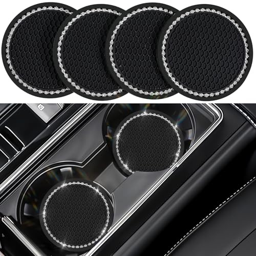 Nogeqi 4 Stück Glitzernde Auto Getränkehalter Untersetzer 7 cm, Auto Zubehör Innenraum Frauen für Becherhalter, Universal Autozubehör Innenraum Car Coasters mit Diamant (Schwarz)