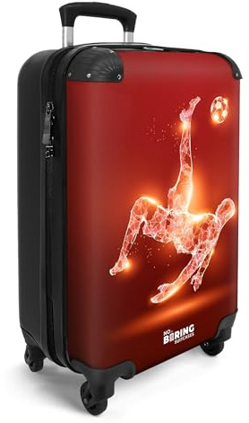 NoBoringSuitcases© Handgepäck Koffer Kinder Reisekoffer Kinderkoffer 4 | 55x35x20 cm - Rollen Leicht Cabin Kindertrolley Reise Hartschalenkoffer Fußball - Rot - Omhaal - Neon