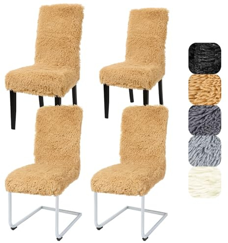 Alishomtll Stretch Stuhlhussen Hochflor Hussen Schwingstuhl 4er Set Camel | Universal Langflor Stuhlhussen, Elastisch Abnehmbar Stuhlbezug, Waschbarer Plüsch Stühle Schutz für Küche Esszimmer Hotel