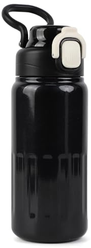 RoxNvm Borraccia Termica Acciaio Inox, 500 ML Bottiglia Termica con Cannuccia e Manico, Borracce Termiche, Boraccia Termica, Mantienilo Caldo e Freddo, per Sport, Yoga, Ciclismo (Nero)