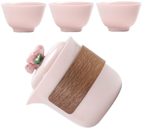 Cabilock Service à thé de voyage en céramique - Porcelaine rose avec couvercle floral Théière et tasses de voyage portables pour cadeaux d'affaires, pique-niques en plein air et utilisation