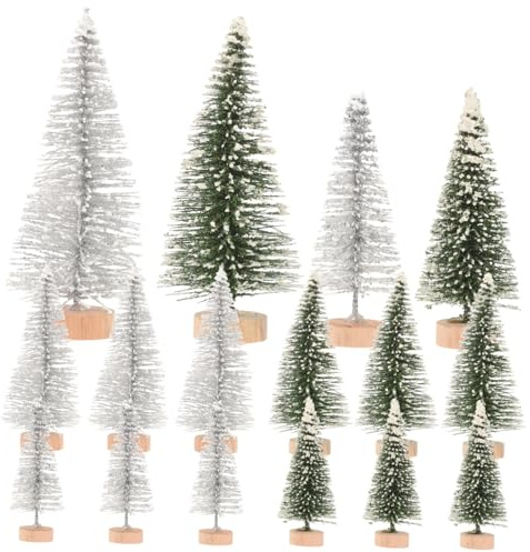 HIAKDOFT 16 Stück Teiliges Miniatur Weihnachtsbaum Hohen Silbernen und Schneebedeckten Bäumen Holzsockel für Modellbau DIY Eisenbahn Dioramen und Tischdeko