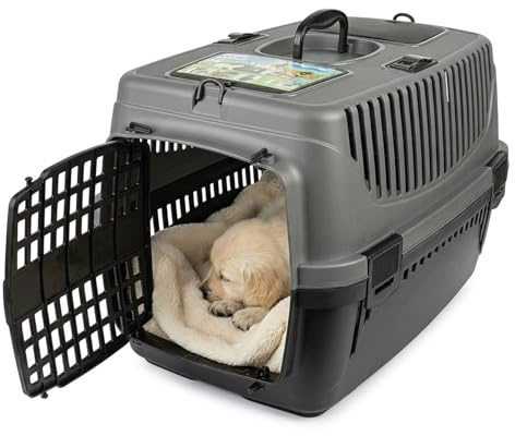 Happet Hundetransportbox Molly M Grau Schwarz 55x36,5x33 cm – Stabile Transportbox Hund aus Kunststoff mit Belüftung, sichere Hundebox für Auto, Reisen & Transport für kleine Hunde