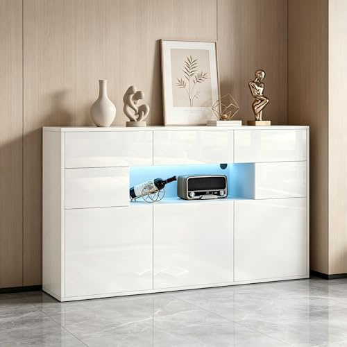 Merax Sideboard Hochglanz Weiß mit LED, Kommode mit 5 Türen, 3 Schubladen, Modern Anrichte Buffetschrank Mehrzweckschrank, Beistellschrank Flurschrank für Wohnzimmer, Esszimmer, 140cm