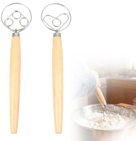 MINGBOLIN 2 Fouets à Pâte Danois en Inox avec Manche en Bois | Set avec fouet à boucle simple et double, 33,5 × 8 cm, pour pâte à pain, pizza, gâteau, levain et pâtisserie