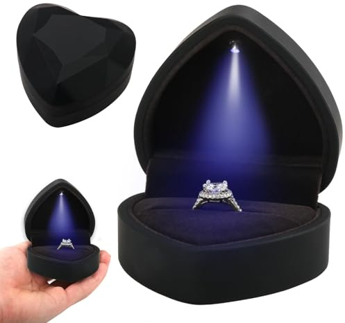 Ring Box with LED Light for Valentine’s Day Mother’s Day Jewellery Gift, Diamond Heart Shaped Engagement Ring Storage Case, Light Up Velvet Wedding Rings Holder for Proposal, Jewellery Display