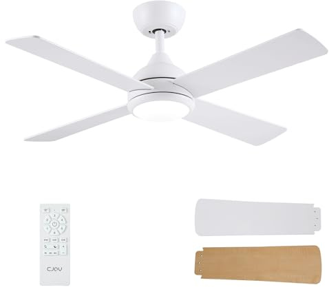 CJOY 42 inch Ceiling Fans with Lights, White Ceiling Fan with Remote Control, Quiet Reversible 4 Blades, 6 Speeds, 3CCT Dimmable, Sleep Mode, Timer, Fan Light for Bedroom/Living RoomKitchen/Dormitory