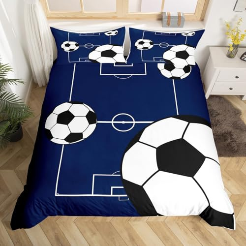 Homewish Navy Blue Football Single Duvet Cover Set - Kids Boys Soccer Sports Themed Bedding with 1 Pillowcase - Football Court Print Quilt Cover for Teen Bedroom Decor Sports Game Bed Sets