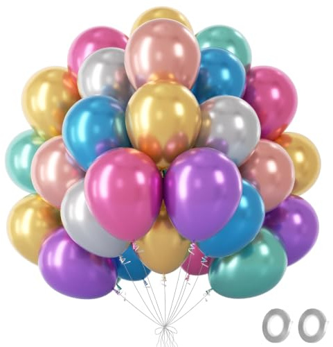 Palloncini Colorati,60 Pezzi Palloncini Metallizzati Blu Verde Oro in Lattice Elio, Decorazioni Party Colorati Misti per Compleanno Battesimo Anniversario Baby Shower Fidanzamento Carnevale,12 Pollici
