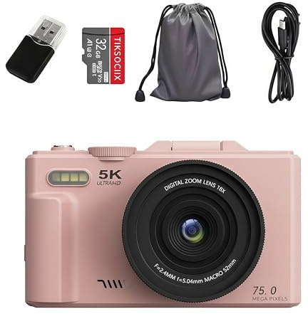 5K Digital Compact Camera Optinexo, Camara Compacta Digital con Zoom 18X y Pantalla Articulada 180 Grados, Tarjeta 32GB Incluida para Viajes y Creacion de Contenido (Rosa)