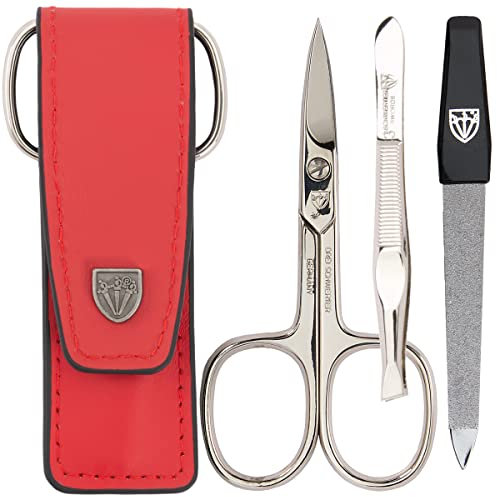 DREI SCHWERTER - 3-tlg. Nagelpflegeset 'Venezia' | Hochwertiges Maniküre Pediküre Set in Echtleder Nageletui, Farbe Rot. MADE IN GERMANY | Inhalt: Nagelschere, Pinzette, Saphirnagelfeile