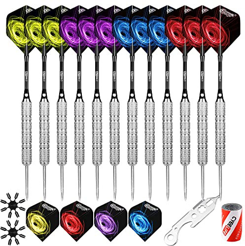 CyeeLife 20 Gramm Steel Dartpfeile mit Metallspitze,12Alu Schäften+16Flights+Grindstone+Tool,schwarz