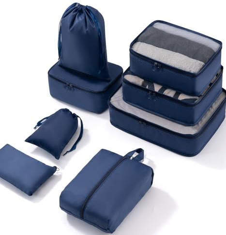 Meowoo Organisateur Valise Lot de 8 Rangement Valise, Packing Cubes Organisateurs de Voyage Pochette Rangement Valise, Sacs Rangement de Valise pour Les Vêtements,Chaussures et Cosmétiques(Marine)