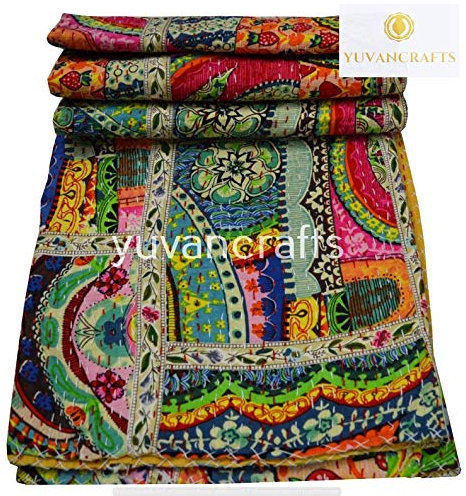 Yuvancrafts Patchwork-Baumwoll-Kantha-Steppdecke – indische traditionelle handgefertigte Bettwäsche im Vintage-Stil, mehrfarbige Steppdecke (Doppelbett (152,4 x 228,6 cm), Multi Patch 1)