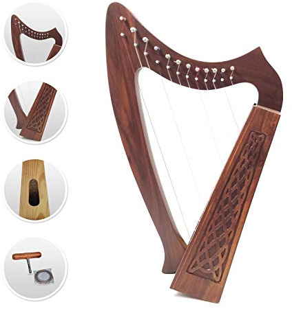 12 Strings Harp Irish Celtic Highland Solid Rosewood Naturl shape Nylon Lever Tuning Key Extra Set included 18 inches tall Roseback