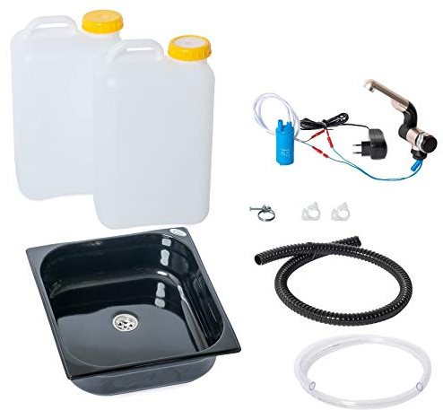 Wasseranlage Imbisswagen Verkaufsanhänger Campingküche 230v Bausatz Spüle schwarz 354x325x100 mm + Wasserhahn Barwig Chrom Wasserkanister 19Liter (ad-ideen)