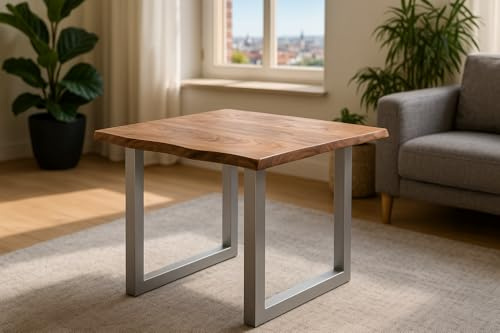 SAM Esstisch Laurina 80x80 cm Akazie Stone Baumkante U-Gestell Silber | Baumkantentisch massiv, Akazienholz stonefarben, Metallgestell, Esszimmertisch