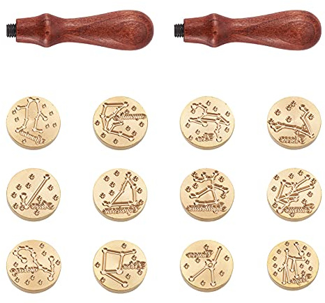 Cheriswelry Siegelstempel-Set, Sternzeichen, Sternzeichen, Stempelköpfe mit 2 Holzgriffen für Einladungen, Umschläge, Dekoration, Geschenkverpackung, 25 mm, 12 Stück