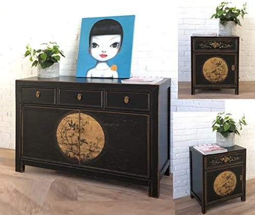 OPIUM OUTLET Chinesische Möbel Kombination Set Asia Möbel Schlafzimmer Shabby Chic Vintage schwarz Sideboard Kommode Schrank & 2 Nachttische Nachtkommoden orientalisch asiatisch