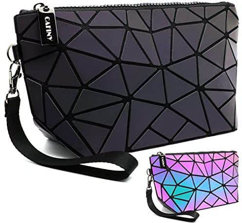 CAFINY Sac à Maquillage holographique Petite Pochette Clutch pour Femmes Usage Quotidien Sacs géométriques Lumineux holographiques Pochettes à Poignet Pratique élégant