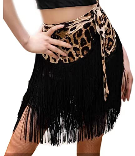Gonne da danza per donne, vestito da ballo da sala, danza latina, tango, grembiule, gonna con nappa, gonna per pratica e performance di danza, sciarpa all'anca, Stampa leopardata nera., One Size Extra