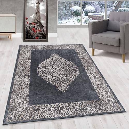 HomebyHome Waschbarer Kurzflor Teppich Schwarz 200x290 cm Ornament Design mit Rutschfester Rückseite, Hautfreundlich & Pflegeleicht, Ideal für Wohnzimmer, Schlafzimmer, Flur & mehr