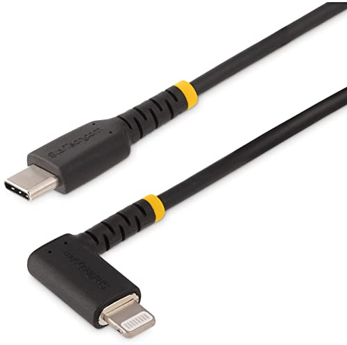 StarTech Cable USB-C a Lightning 1m Acodado MFi Negro (RUSB2CLTMM1MR) | Conector Lightning en ángulo recto, Ideal para espacios estrechos, Carga rápida hasta 3A