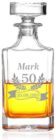 Whisky Dekanter 700 ml mit personalisierter Wunschgravur - Motiv: Jubiläum Ährenkranz - quadratisch - von Hand gefertigt - Scotch, Bourbon - Deko für Bar, Wohnzimmer - Geburtstag, Weihnachten