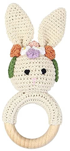 Baby Rassel Beißring Baby Spielzeug Häkel Rassel Holz Greifling Baby Rassel Geschenk zur Geburt,Niedliche Fuchs Tiger Löwe Hase Babyrassel, Baby Kleinkind Frühe Lernspielzeug für Jungen Mädchen Baby