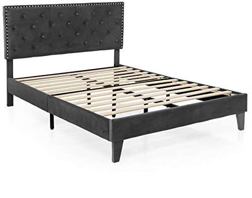 LIFEZEAL Letto Struttura Matrimoniale, 200x180cm, Letto Imbottito, King Size, Max 450kg, con Testiera, Rete a Doghe in Legno, 9 Gambe, Base, Telaio, Supporto, Piattaforma, Moderno