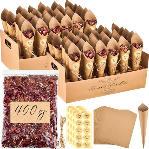 Patelai 60 Pcs Wedding Confetti Cones Kit Including 60 Confetti Paper Cones 2 Pcs Confetti Cone Holder Box Tray 4 Bag Flower Petals 2 Roll Ropes 60 Adhesive Stickers Wedding Decorations Gifts