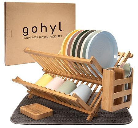 Kitchen Dish Drying Rack for Kitchen Counter - Bamboo Dish Drying Rack - Wooden Collapsible Dish Drying Rack Dishes Drying Rack Kitchen - 2 Tier Dish Drying Rack Small - Dish Strainer - Dishrack