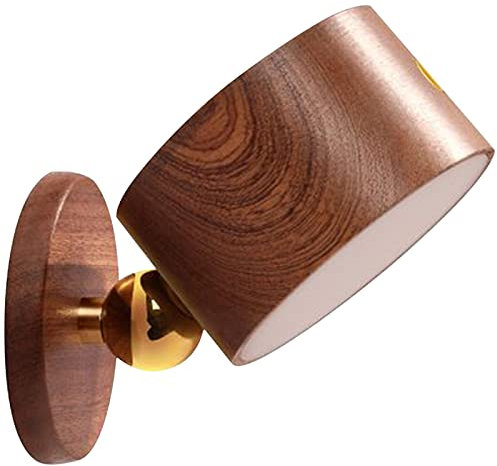 Lampade da Parete Moderne in Legno Massello Ruotabili a 360°, Luci di Lettura Montate a LED, 3 Livelli di Luminosità Batteria Ricaricabile Rotazione a 360° Sfera Magnetica Controllo(Marrone)