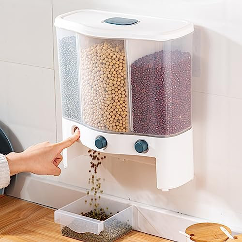 Syfunlv Dispensador de alimentos para cereales, montaje en pared, dispensador de cereales de 12 x 6,1 x 13,1 pulgadas, capacidad de 6 l, divisor extraíble, recipiente interior a prueba de insectos