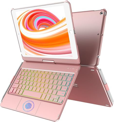 CC Store Teclado para iPad 9 Generacion,Teclado Español Ñ Bluetooth de Carcasa Rígida Giratoria 360° con Touchpad y 7 Colores de Retroiluminación para iPad 10.2 9ª/8ª/7ª Gen, Rose